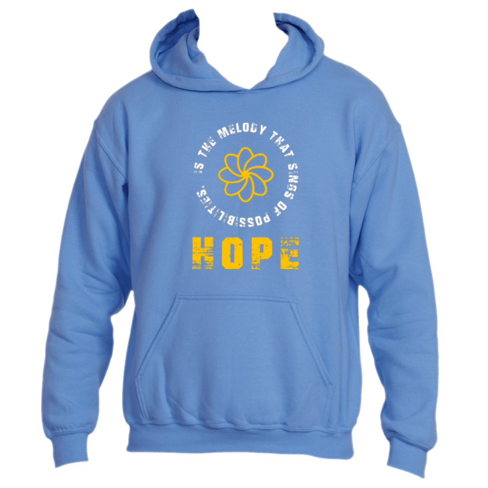 The "Hope is the Melody" hoodie from Divine Dispatch showcases a blue design with an eye-catching yellow "HOPE" and a floral graphic. Surrounding the flower, the text reads, "Hope is the melody that sings possibilities," representing support for charitable initiatives.