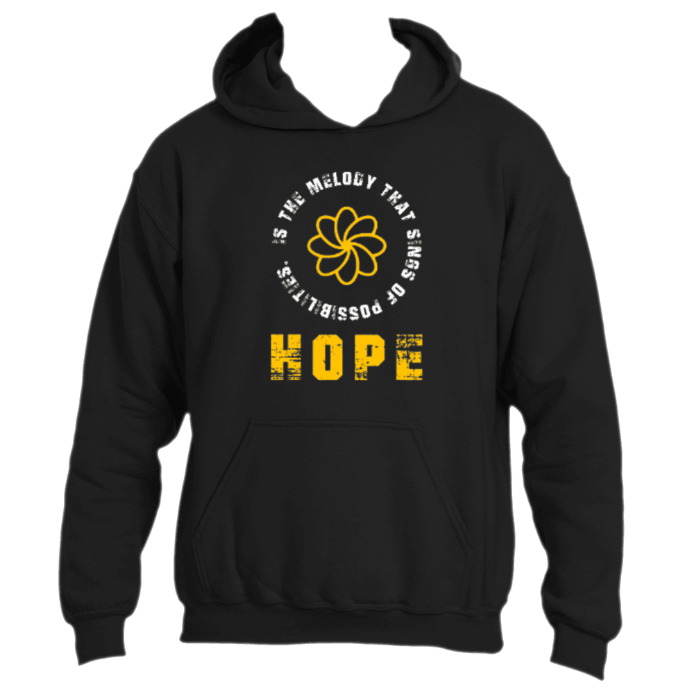 Introducing the "Hope is the Melody Hoodie" by Divine Dispatch: This black hoodie features a striking yellow flower design. It&
