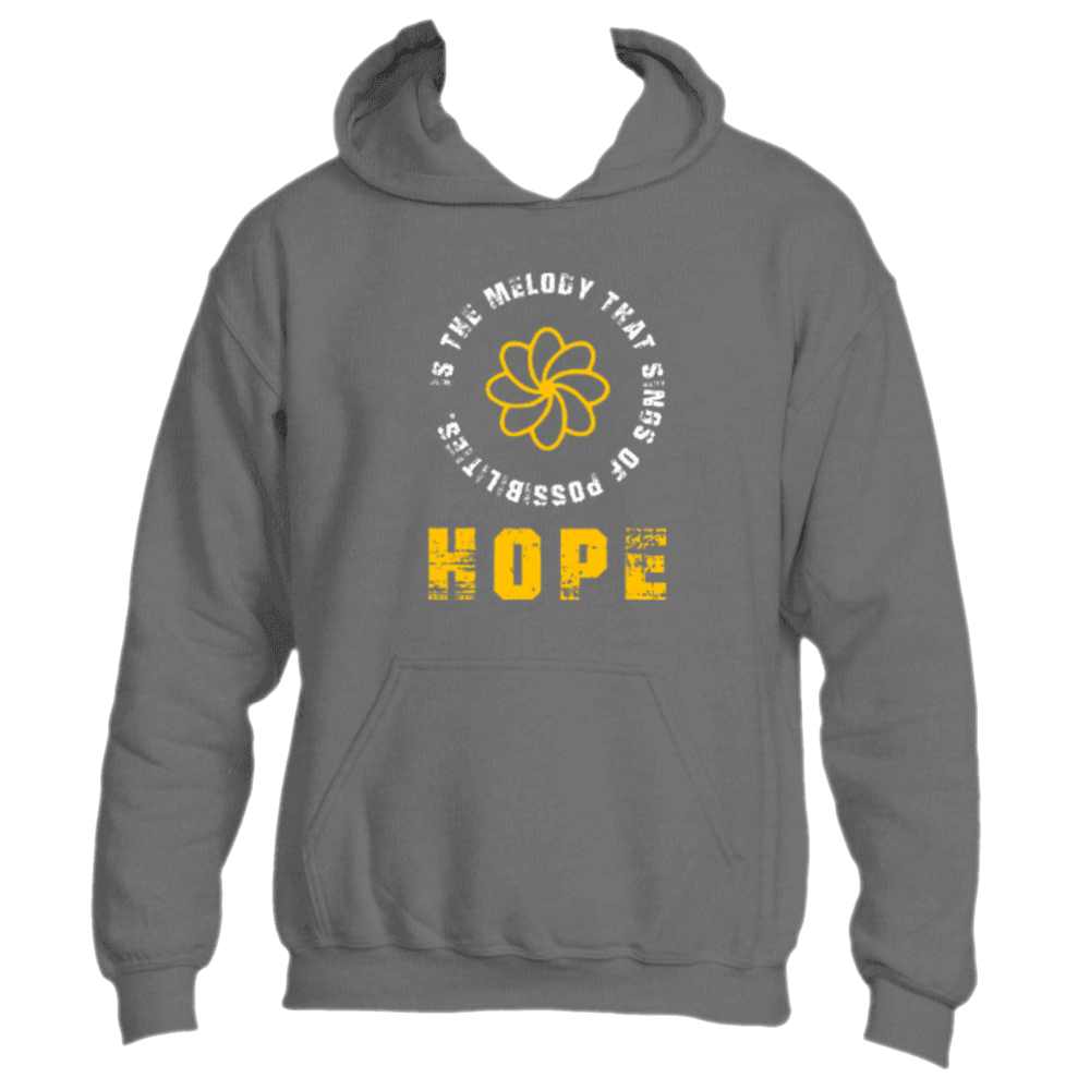 The "Hope is the Melody" hoodie by Divine Dispatch showcases a gray background adorned with a vibrant yellow flower design, accompanied by the motivating phrase "Hope is the melody that sings of possibilities," making it an ideal choice for supporting charitable initiatives.