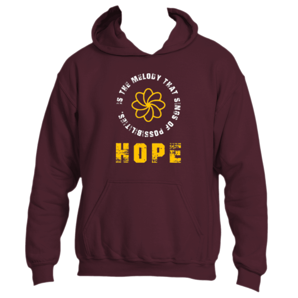 The "Hope is the Melody Hoodie" by Divine Dispatch showcases a rich maroon hue emblazoned with the inspiring phrase, "Hope is the melody that sings of possibilities," surrounding a lively yellow flower design. This motivating hoodie not only enhances your style but also contributes to charitable initiatives, amplifying hope and positivity beyond mere fashion.