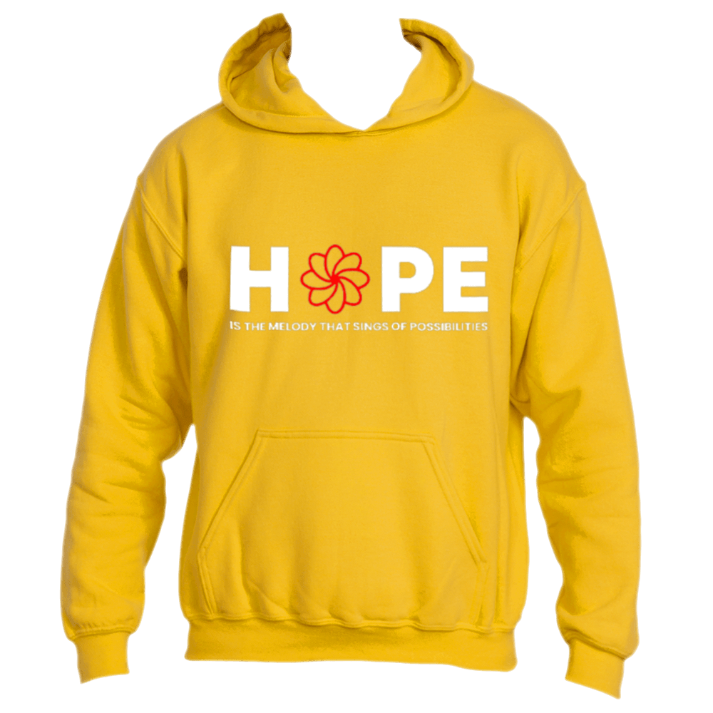 The Melody Hoodie by Divine Dispatch showcases a vibrant yellow design featuring the word "HOPE," a striking red flower graphic, and the elegant phrase "Is the melody that sings of possibilities" printed below.