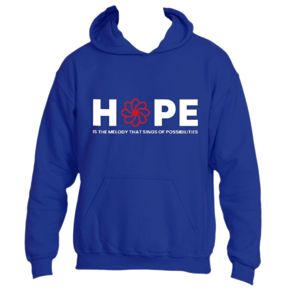 Introducing the Melody Hoodie by Divine Dispatch: a royal blue creation adorned with the word "HOPE," where a vibrant red flower takes the place of the "O." Below, it proudly states, "IS THE MELODY THAT SINGS OF POSSIBILITIES," making this hoodie an emblem of optimism and new beginnings.