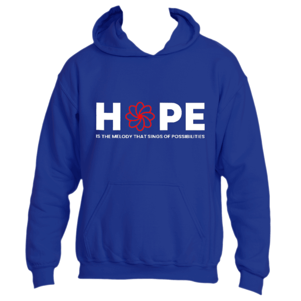 Introducing the inspiring Melody Hoodie by Divine Dispatch: This blue hoodie features "HOPE" in bold white letters, with the &