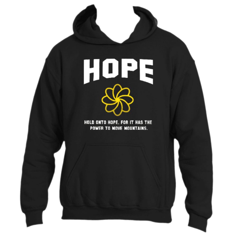 Introducing the inspiring Hold on to Hope Hoodie by Divine Dispatch: a black hoodie featuring "HOPE" in bold white letters at the top with a yellow stylized flower underneath. Below it, discover the comforting message: "Hold onto hope, for it has the power to move mountains.