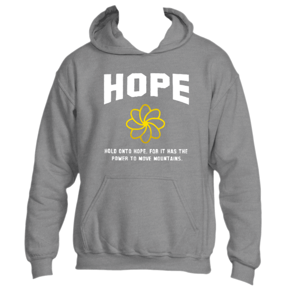 The "Hold on to Hope" hoodie by Divine Dispatch provides unmatched comfort and features a gray fabric with the word "HOPE" prominently displayed in bold white letters across the chest, complemented by a yellow floral design beneath. Below this, it reads, "Hold onto hope, for it has the power to move mountains.