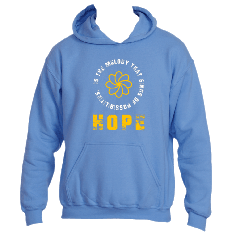 A blue hoodie with a flower graphic and the text: &quot;Hope is the melody that sings possibilities&quot; in white and yellow.