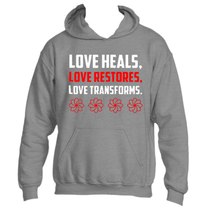 Introducing the Divine Dispatch Love Heals Hoodie: a dark heather grey essential celebrating love&