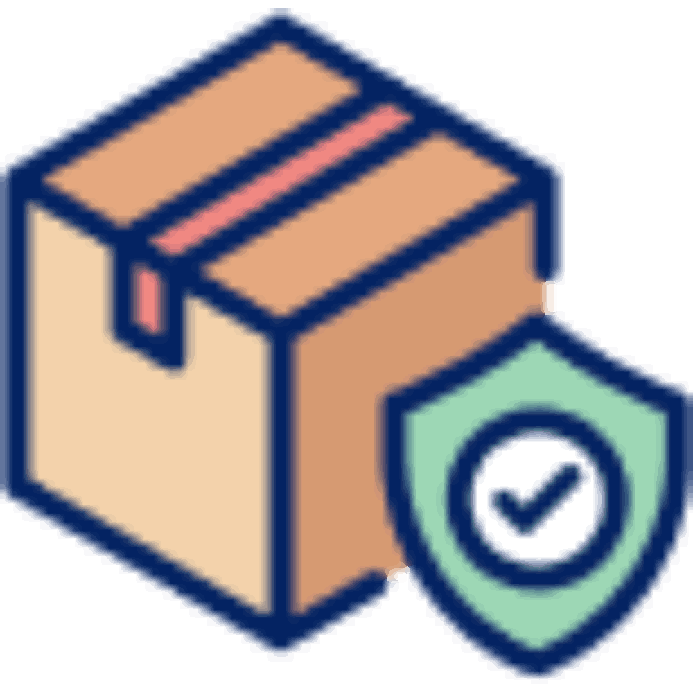 An illustration showcasing a cardboard box with a pink stripe alongside a shield icon featuring a checkmark, representing Divine Dispatch&