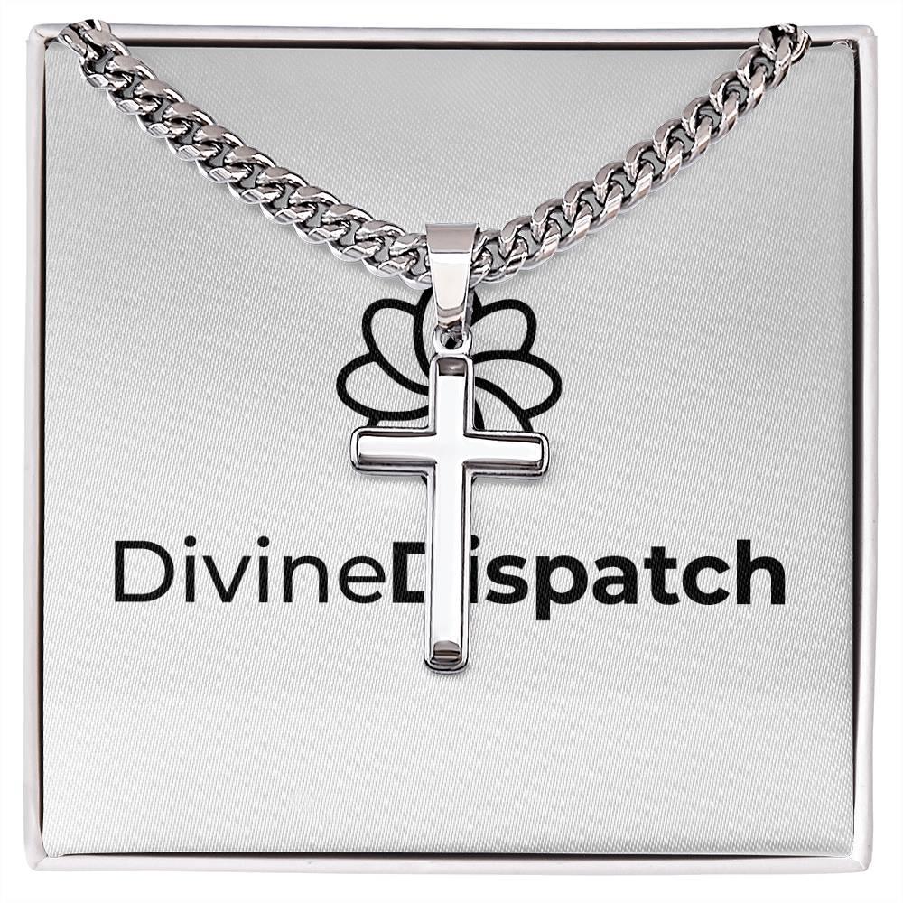 The Cuban Link Chain with Artisan Cross, made from stainless steel, is gracefully presented on a box showcasing the logo of Divine Dispatch.