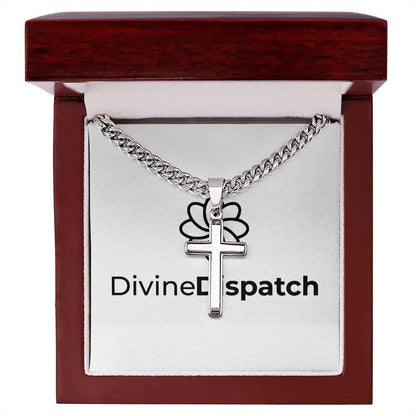 Cuban Link Chain with Artisan Cross crafted from stainless steel, elegantly presented in a red and white jewelry box adorned with the &quot;Divine Dispatch&quot; logo.