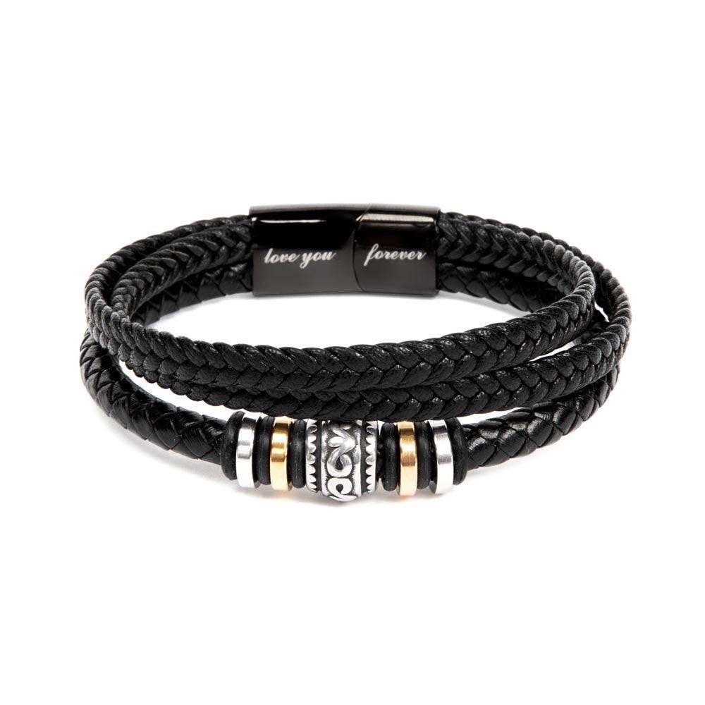 The &quot;Love You Forever Bracelet&quot; by Divine Dispatch is crafted from black braided leather, accented with silver and gold details, and features a clasp engraved with &quot;love you forever.