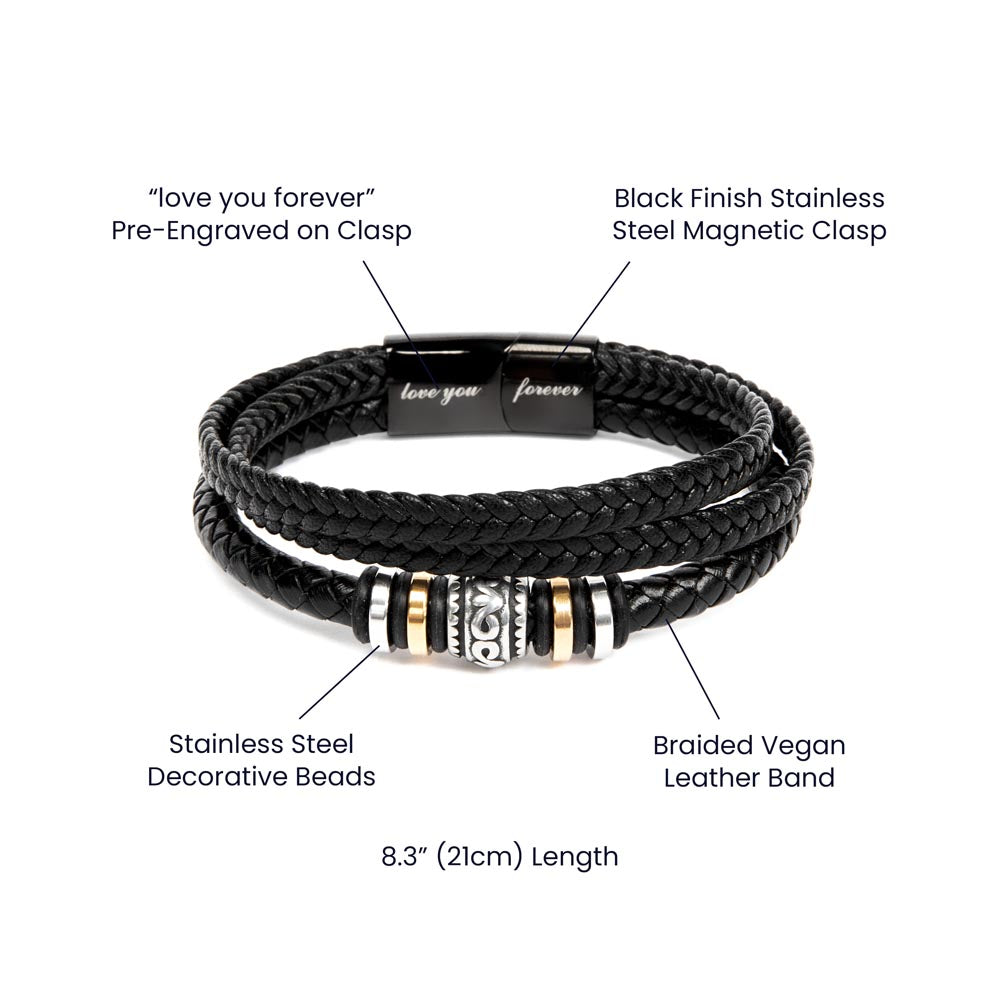 Introducing the &quot;Love You Forever Bracelet&quot; by Divine Dispatch, a black braided vegan leather accessory for men. This bracelet features stainless steel beads, a magnetic clasp with a black finish, and comes pre-engraved with the message &quot;love you forever.&quot; It measures 8.3 inches (21cm) in length.