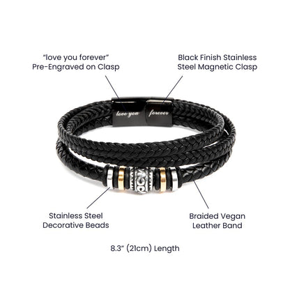 Introducing the &quot;Love You Forever Bracelet&quot; by Divine Dispatch, a black braided vegan leather accessory for men. This bracelet features stainless steel beads, a magnetic clasp with a black finish, and comes pre-engraved with the message &quot;love you forever.&quot; It measures 8.3 inches (21cm) in length.