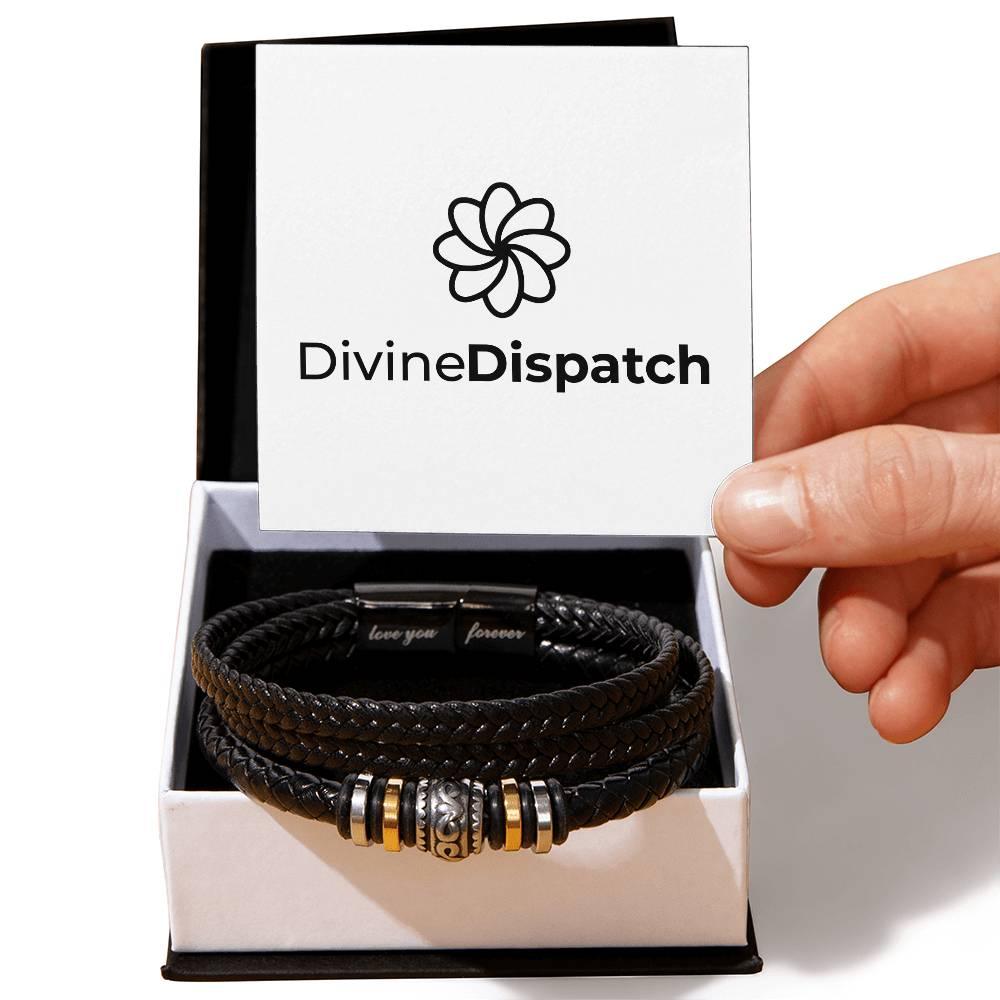 A hand holds a card featuring a flower logo and the text &quot;Divine Dispatch.&quot; Below, the Love You Forever Bracelet—a stylish vegan leather accessory with metal accents—lies in an open box, embodying the perfect blend of elegance and sustainability.