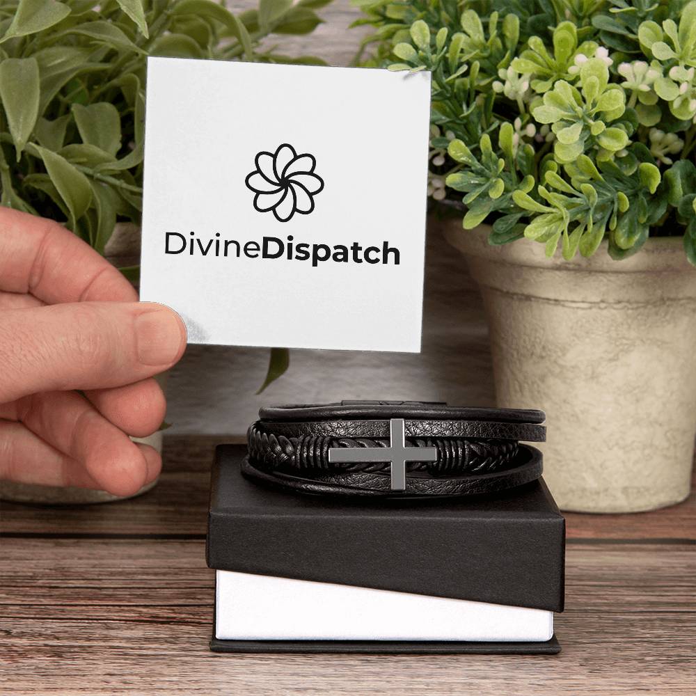 A hand holding a card with the words &quot;Divine Dispatch&quot; next to a Men&