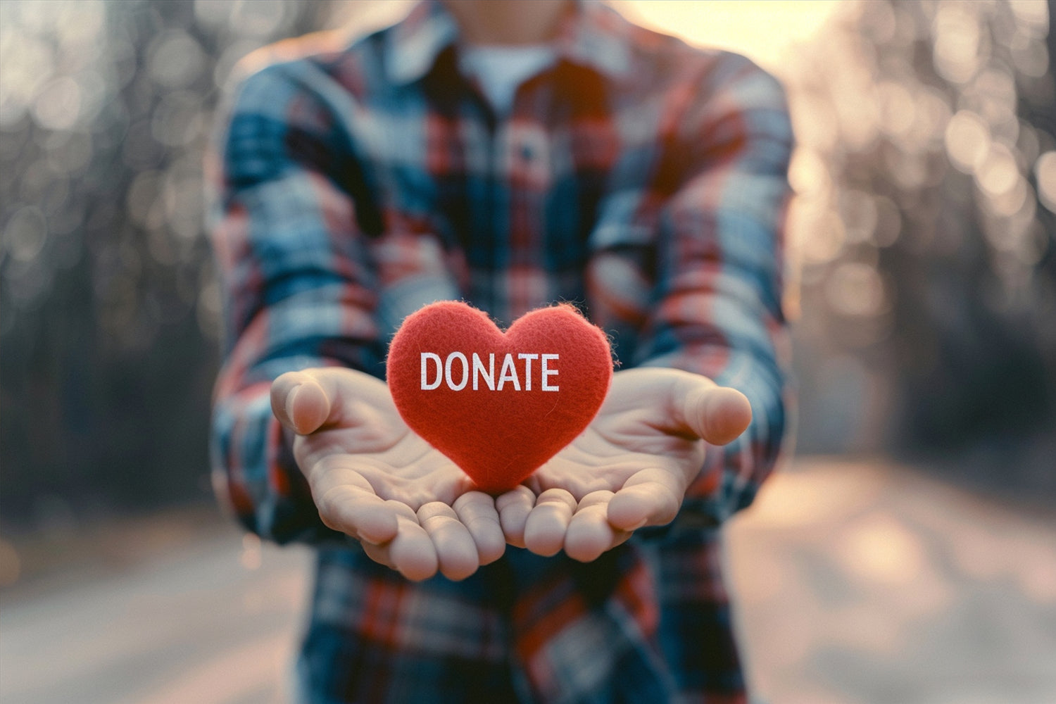 Person holding a red heart-shaped object with the word "DONATE" written on it, outdoors.