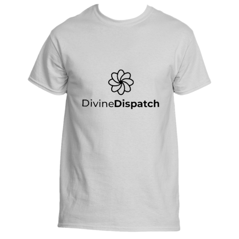 The Divine Tee by Divine Dispatch features a minimalist design with a simple, stylized black flower symbolizing spiritual symbolism. Positioned above the text &quot;Divine Dispatch,&quot; the word &quot;Divine&quot; is in a thin, elegant font, while &quot;Dispatch&quot; appears in bold. The white T-shirt is set against a plain background.