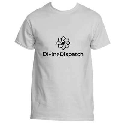 The Divine Tee by Divine Dispatch features a minimalist design with a simple, stylized black flower symbolizing spiritual symbolism. Positioned above the text &quot;Divine Dispatch,&quot; the word &quot;Divine&quot; is in a thin, elegant font, while &quot;Dispatch&quot; appears in bold. The white T-shirt is set against a plain background.