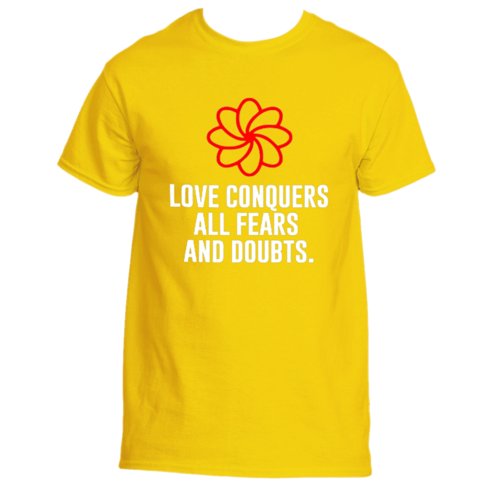 Daisy T-shirt from Divine Dispatch, called the Love Eternal T-Shirt, showcasing a red and yellow flower design with the inspiring phrase &quot;LOVE CONQUERS ALL FEARS AND DOUBTS.&quot; This piece encapsulates love&