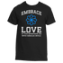 Discover the Embrace Love T-Shirt by Divine Dispatch, crafted from premium black fabric and adorned with an inspiring message: "Embrace Love as your superpower and watch miracles unfold," accentuated by a striking blue spiral design.