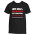 Black "Love Heals T-Shirt" by Divine Dispatch, displaying the message "Love Heals, Love Restores, Love Transforms" in white and red. Beneath this uplifting message are four red flower icons, representing love&