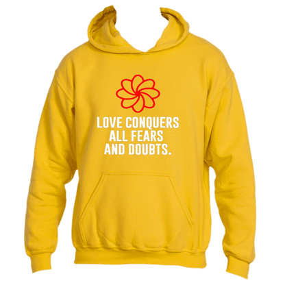 The Love Eternal Hoodie by Divine Dispatch highlights a gold base adorned with a vivid red flower pattern and the touching white text: &quot;LOVE CONQUERS ALL FEARS AND DOUBTS,&quot; encapsulating its timeless essence.