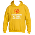 The Love Eternal Hoodie by Divine Dispatch highlights a gold base adorned with a vivid red flower pattern and the touching white text: "LOVE CONQUERS ALL FEARS AND DOUBTS," encapsulating its timeless essence.