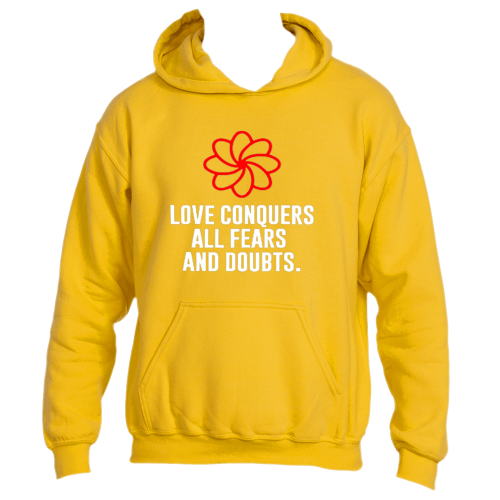 Introducing the Divine Dispatch Love Eternal Hoodie: a vibrant yellow hoodie featuring a striking red flower design and the inspiring message &quot;Love conquers all fears and doubts&quot; in elegant white lettering. This timeless piece captures the essence of love, making it an essential addition to your wardrobe.