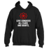 Black hoodie with a red flower design, featuring the timeless phrase "LOVE CONQUERS ALL FEARS AND DOUBTS" in white letters. Product: Love Eternal by Divine Dispatch.