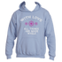 The Divine Dispatch Whispering Hearts Hoodie in light blue showcases the touching phrase "WITH LOVE ALL THINGS ARE MADE WHOLE" accompanied by three graceful pink flowers on the front.