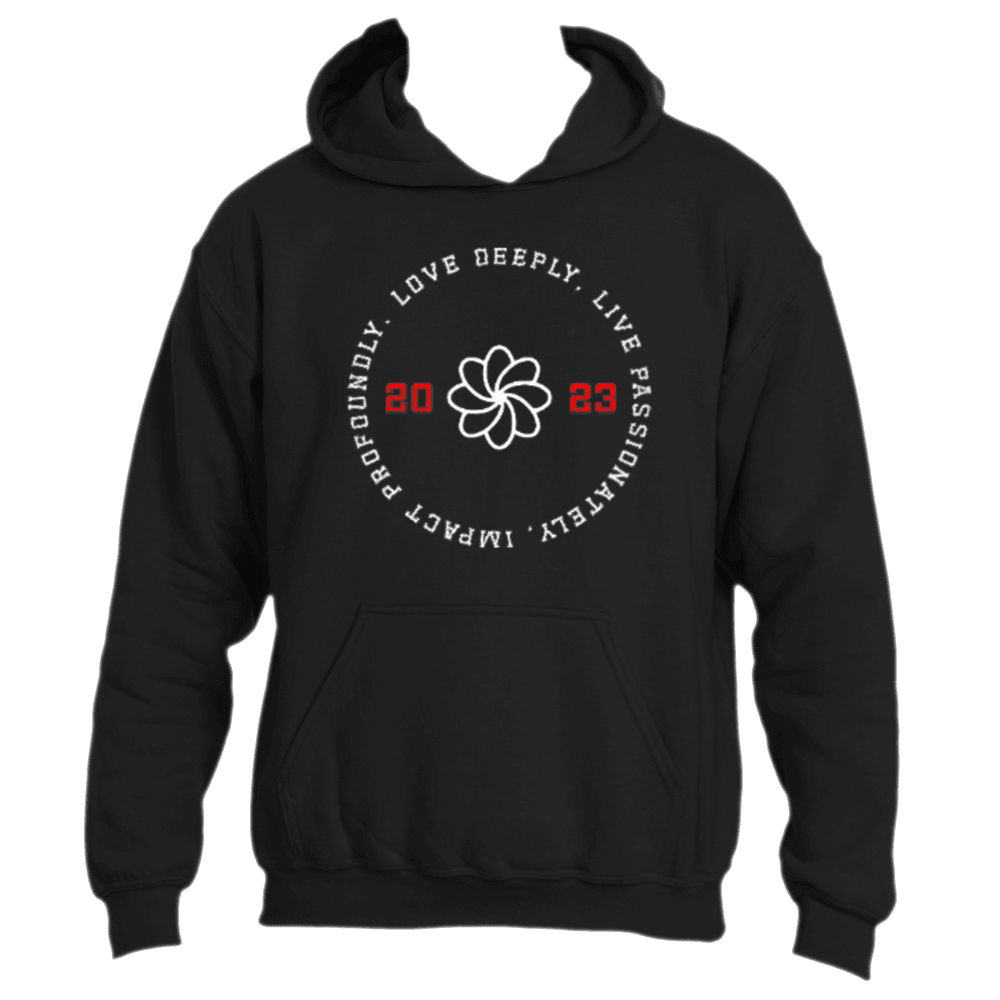 The Love Deeply Hoodie by Divine Dispatch is a black hoodie made from premium fabric, featuring a white flower, red numbers &quot;20&quot; and &quot;23,&quot; alongside the phrase &quot;Love Deeply. Live Passionately. Impact Profoundly.&quot; It makes a bold fashion statement of both love and style.