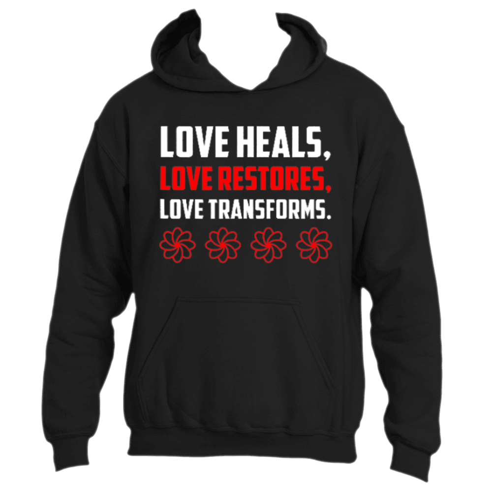 Introducing the Love Heals Hoodie by Divine Dispatch – a striking black hoodie adorned with the powerful message &quot;LOVE HEALS, LOVE RESTORES, LOVE TRANSFORMS&quot; in bold white and red lettering. This design celebrates the transformative power of love and is beautifully accented by four red flower symbols beneath its compelling message. Wear this expressive love clothing that truly speaks volumes.