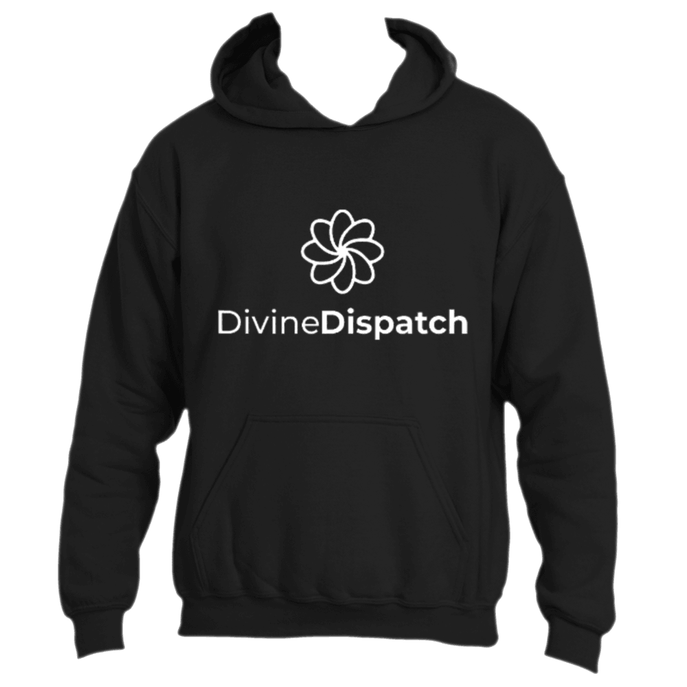 The Divine Hoodie by Divine Dispatch showcases a black design with a white floral logo representing spiritual symbolism, elegantly positioned above the &quot;DivineDispatch&quot; text on the front.