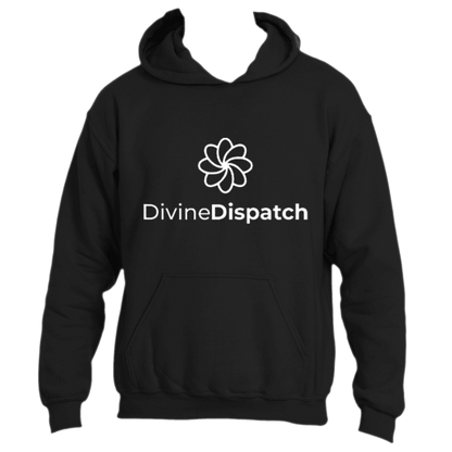 The Divine Hoodie by Divine Dispatch showcases a black design with a white floral logo representing spiritual symbolism, elegantly positioned above the &quot;DivineDispatch&quot; text on the front.