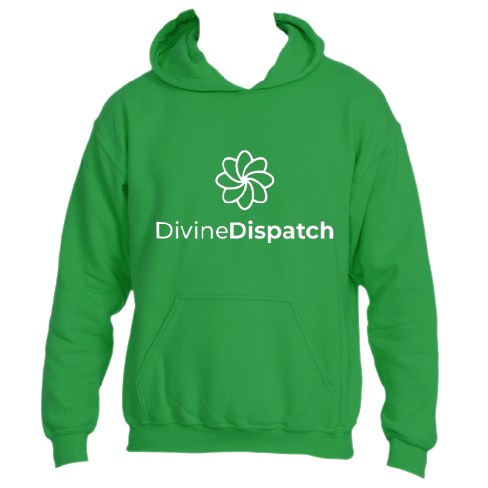 The Divine Hoodie from Divine Dispatch features a front logo accented with floral designs that suggest spiritual symbolism. This fashionable piece is perfect for those who seek style imbued with meaning.