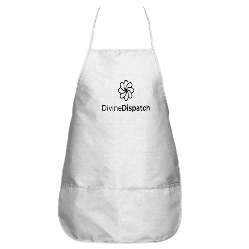 The Divine Apron by Divine Dispatch is a stylish white culinary accessory featuring a black flower logo above the brand&