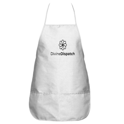 The Divine Apron by Divine Dispatch is a stylish white culinary accessory featuring a black flower logo above the brand&