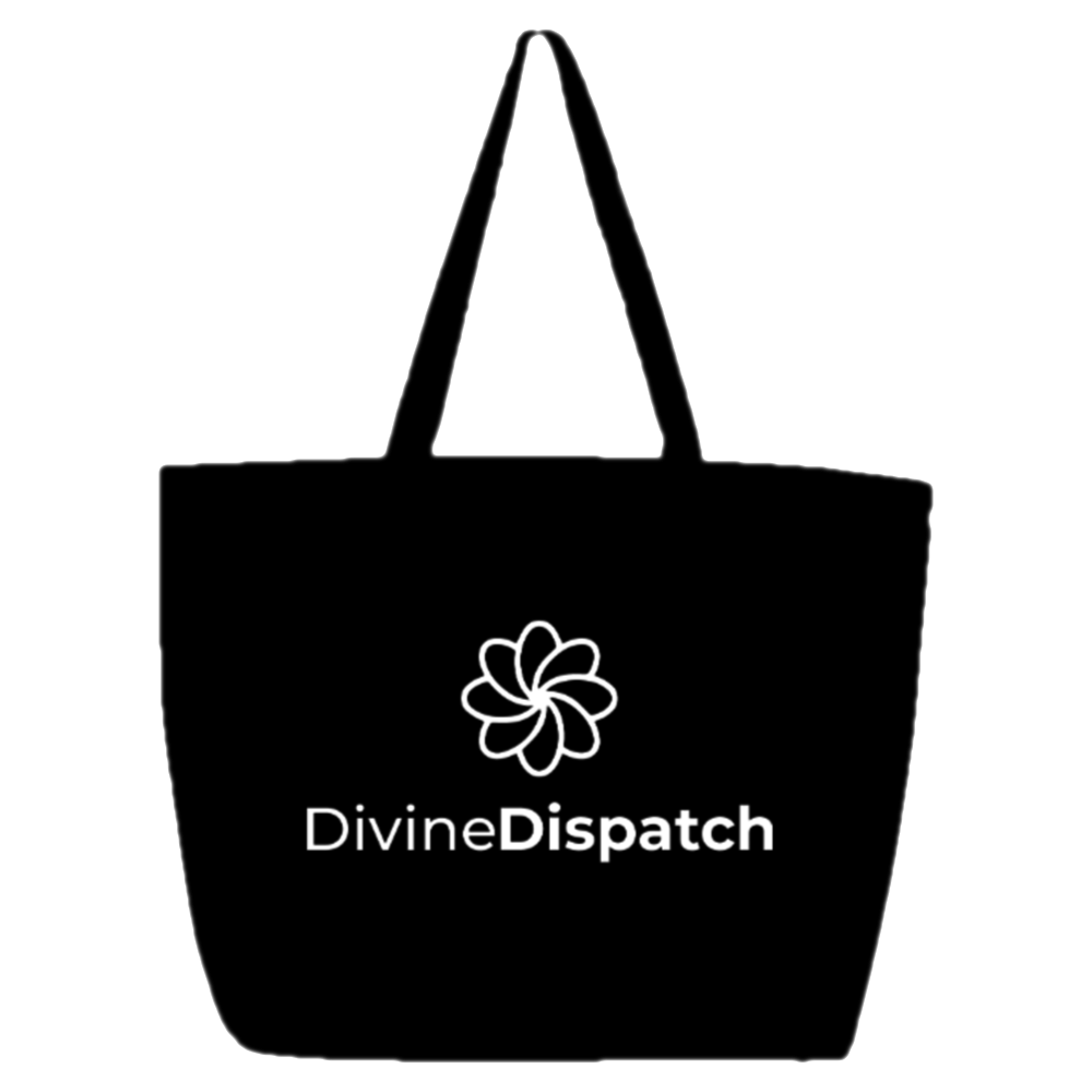 The black background features a white floral logo design centered. Below the logo, "Divine Dispatch" is elegantly displayed in a clean, modern font. The stylized, symmetrical flower graphic enhances the fashionable Divine Tote by Divine Dispatch, crafted from durable materials.