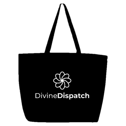 A black Divine Tote by Divine Dispatch with two handles is displayed. The front features a white flower-like logo above the text &quot;Divine Dispatch,&quot; where &quot;Divine&quot; is in a standard font and &quot;Dispatch&quot; is bold. Fashionably designed and crafted from durable materials, it stands out against the plain background.