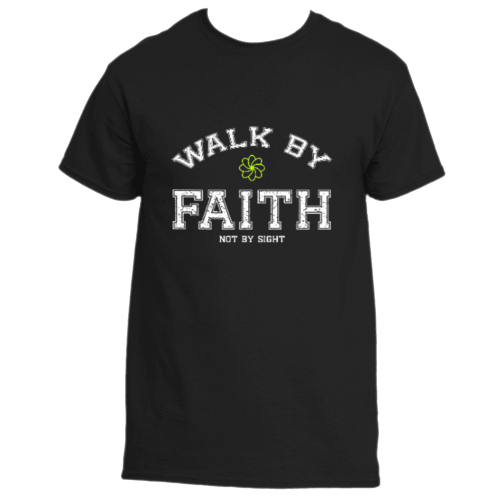 The Walk By Faith Tee by Divine Dispatch showcases a black background adorned with the uplifting message &quot;WALK BY FAITH, NOT BY SIGHT&quot; and is complemented by a small green four-leaf clover positioned above the word &quot;FAITH.&quot; It&