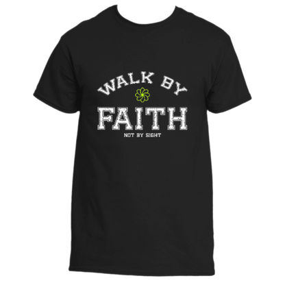 The Walk By Faith Tee by Divine Dispatch is a black spiritual t-shirt adorned with the uplifting message &quot;Walk by Faith Not by Sight&quot; and accented with a charming green shamrock above the word &quot;Faith.&quot; It&