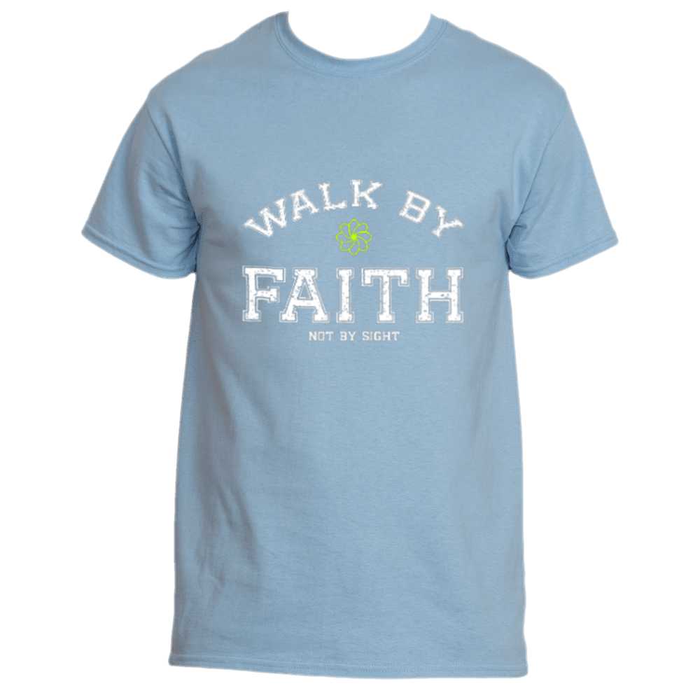 The Walk By Faith Tee by Divine Dispatch showcases the uplifting phrase &quot;Walk by Faith, Not by Sight&quot; elegantly printed in white on a light blue fabric. This inspiring gift is perfect for those who embrace their journey with faith and optimism.