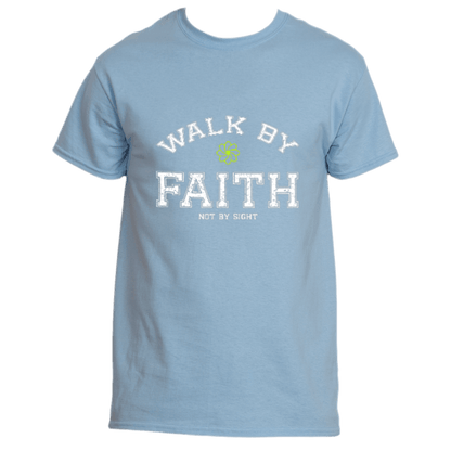 The Walk By Faith Tee by Divine Dispatch showcases the uplifting phrase &quot;Walk by Faith, Not by Sight&quot; elegantly printed in white on a light blue fabric. This inspiring gift is perfect for those who embrace their journey with faith and optimism.