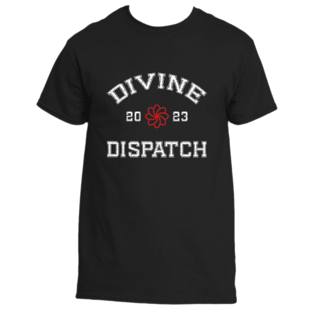 The Divine Dispatch Tee by Divine Dispatch showcases bold white lettering that spells &quot;DIVINE DISPATCH,&quot; complemented by a red flower graphic in the center, with &quot;2023&quot; on each side. This black t-shirt effortlessly merges spirituality and fashion for an iconic appearance.