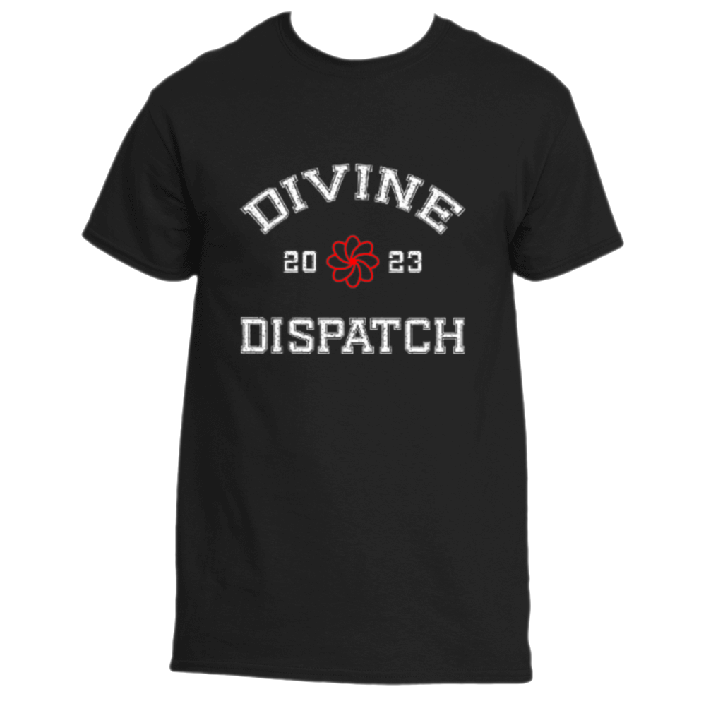 Black T-shirt with "Divine Dispatch 2023" and a red flower design in white text.