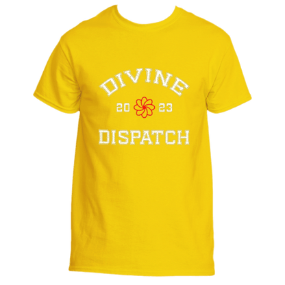 Introducing the Divine Dispatch Tee from Divine Dispatch: This daisy-colored t-shirt features a striking white floral design at its center, with &quot;DIVINE DISPATCH&quot; elegantly placed above and below the bloom. The numbers &quot;20&quot; and &quot;23&quot; frame the flower, making it a chic spiritual fashion statement for 2023.