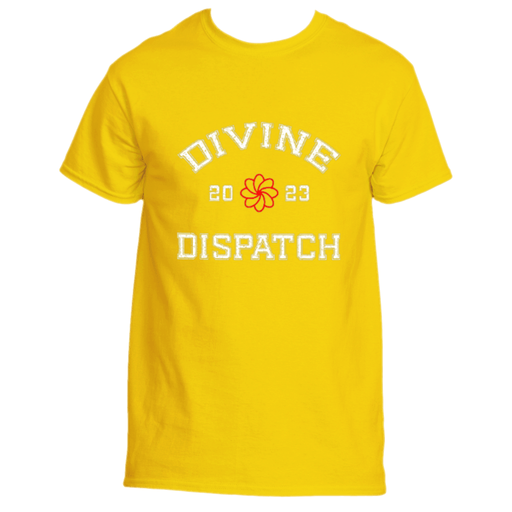 Elevate your fashion with the Divine Dispatch Tee, featuring a striking yellow hue and &quot;DIVINE DISPATCH&quot; prominently displayed in white. Central to the design is a stylized flower graphic, flanked by the numbers “20” and “23,” embodying the spiritual essence of 2023.