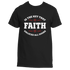 Introducing the "Faith is the Key Tee" by Divine Dispatch—a powerful black T-shirt emblazoned with the inspiring phrase, "Faith is the key that unlocks all doors," in striking white and red. The word "Faith" takes center stage, highlighted by elegant red flourishes.