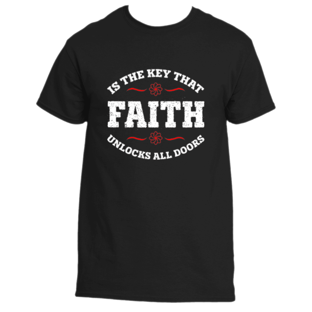 The &quot;Faith is the Key Tee&quot; by Divine Dispatch is an inspiring black T-shirt that displays the phrase &quot;FAITH is the key that unlocks all doors&quot; on the front. The word &quot;FAITH&quot; is prominently featured in bold white, accentuated by red decorative lines and a floral design, symbolizing the transformative power of faith.