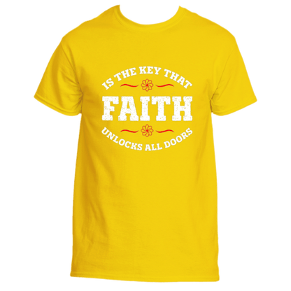 Product Description: The &quot;Faith is the Key Tee&quot; by Divine Dispatch features a daisy-colored design with a white text message stating, &quot;Faith is the Key that unlocks all doors.&quot; Adorned with small floral designs and curved red lines around the word &quot;Faith,&quot; this inspiring t-shirt embodies the transformative power of faith.